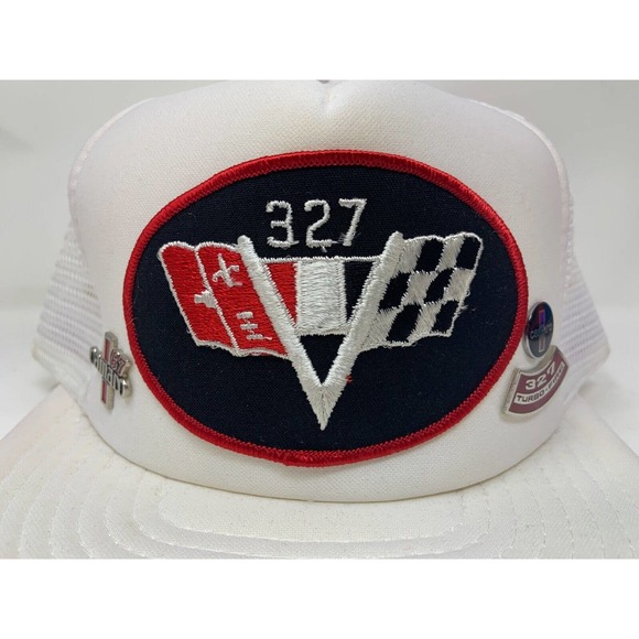 Vintage 327 Chevy Camaro V-Flags Logo Cap Adjustable White Trucker Hat with Pins - Picture 2 of 7